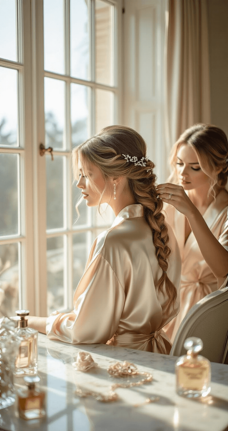 A bride in a champagne silk robe sits at an elegant vanity, her honey-blonde hair being styled into loose braids adorned with pearl pins. Morning light filters through floor-to-ceiling windows, illuminating vintage perfume bottles and hair accessories on the marble surface, captured in soft focus from a 45-degree angle.