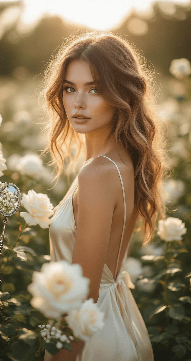 Model with windswept beach waves, wearing an off-white silk slip dress, stands among white roses in a blooming garden during golden hour; her caramel hair catches warm light, with delicate baby's breath flowers tucked in, while a vintage silver hand mirror reflects dappled sunlight, shot from behind at eye level with a dreamy bokeh background.