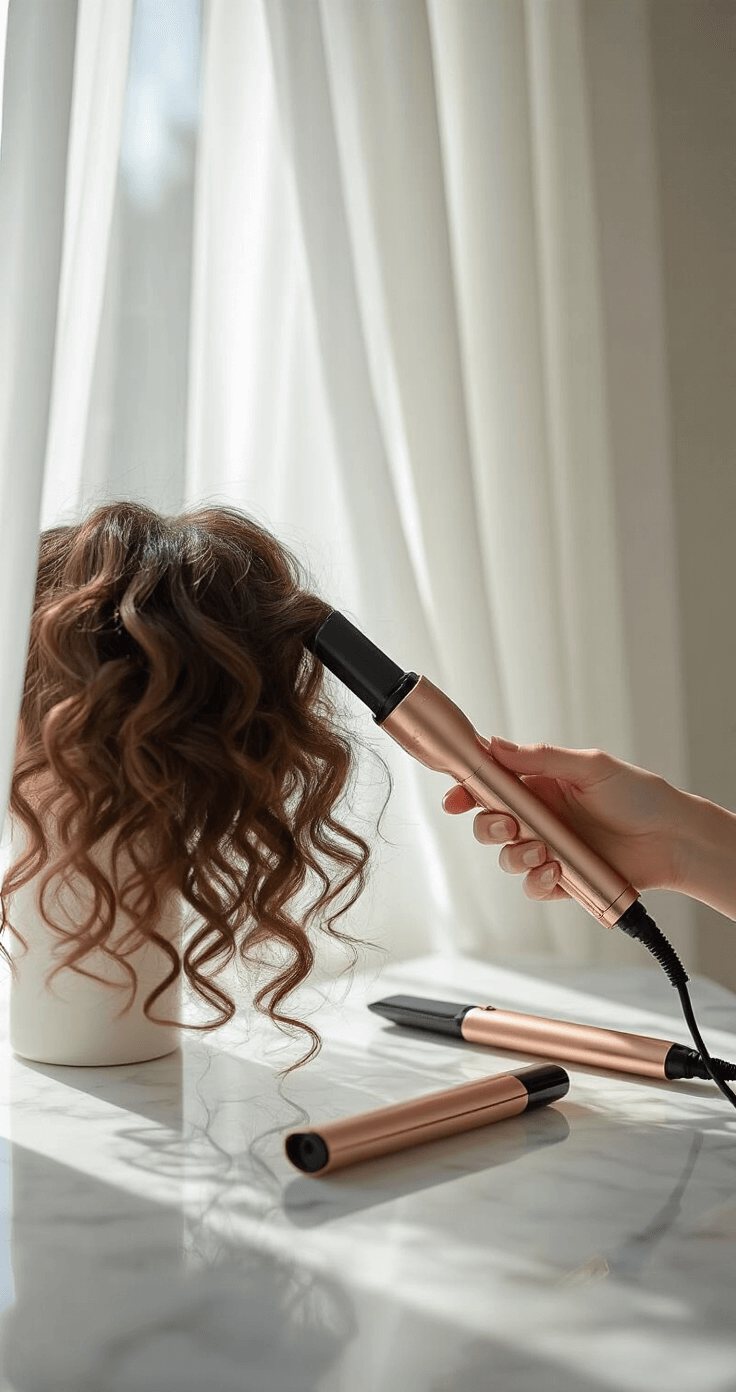 Close-up of naturally curly hair being styled with a wide-barrel curling iron in a minimalist white studio, featuring sheer curtains and rose gold styling tools on a white marble counter, with a spritz of hair oil sparkling in the light.