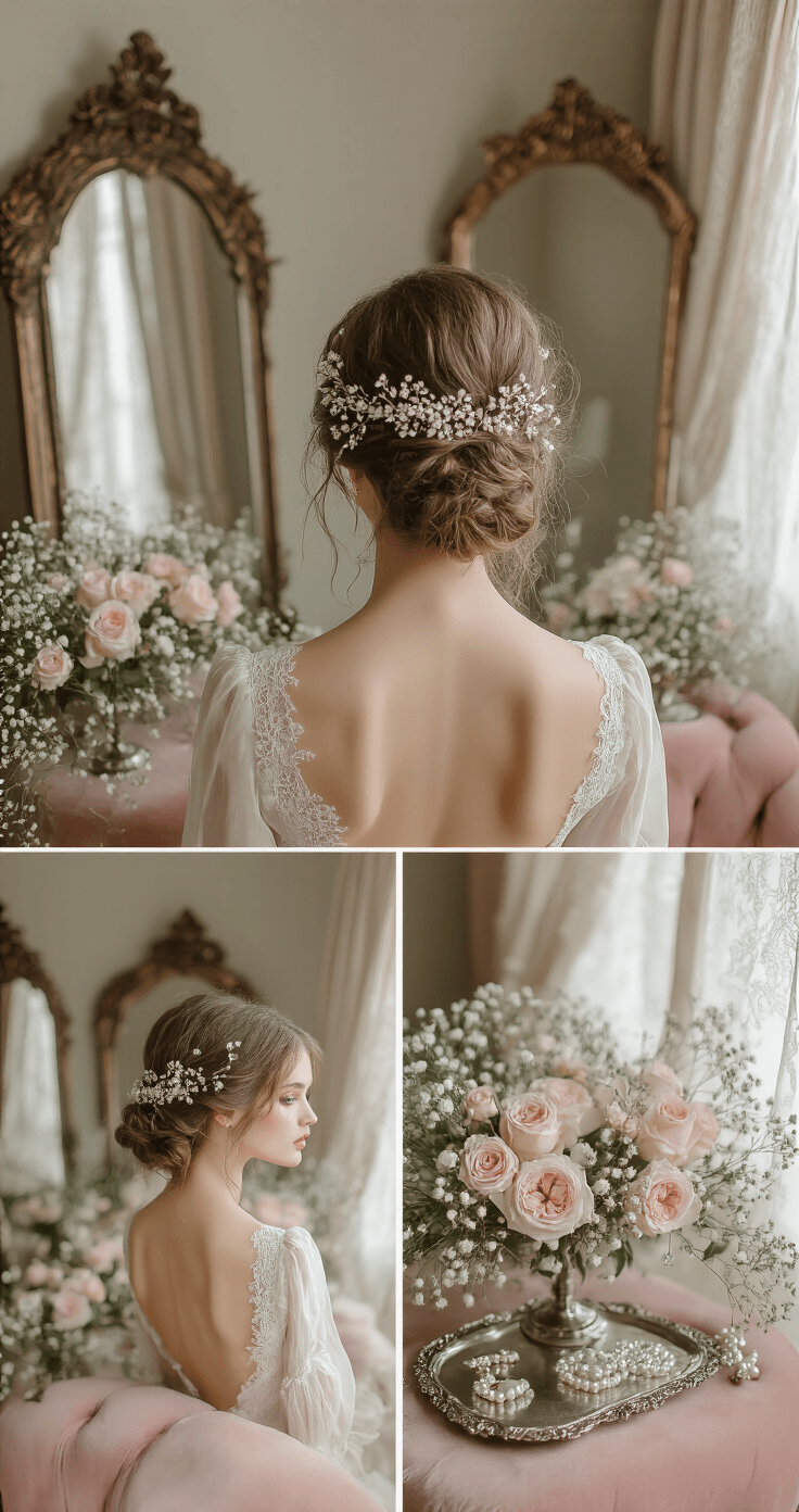 A Victorian-inspired dressing room featuring antique mirrors and blush velvet furnishings, with a model's loose romantic updo adorned with fresh garden roses and delicate gypsophila. Soft morning light filters through lace curtains, illuminating vintage pearl hairpins and crystal accessories on silver trays, all captured in a dreamy editorial style from multiple angles.