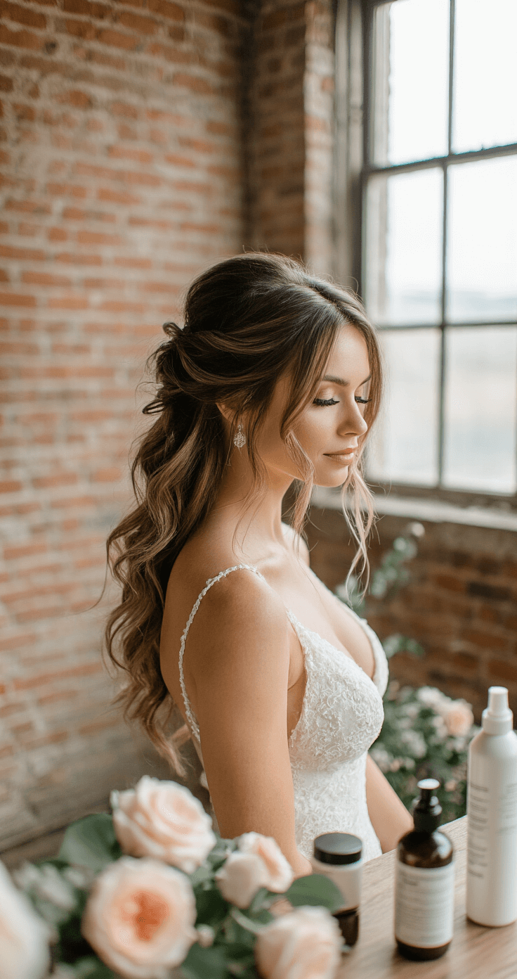 Close-up of a bride's half-up, half-down hairstyle being styled in a rustic-luxe room with exposed brick walls, featuring soft twisted sections and loose tendrils. Natural light from industrial windows enhances the hair's dimensional color, while scattered roses and styling products add to the serene atmosphere.
