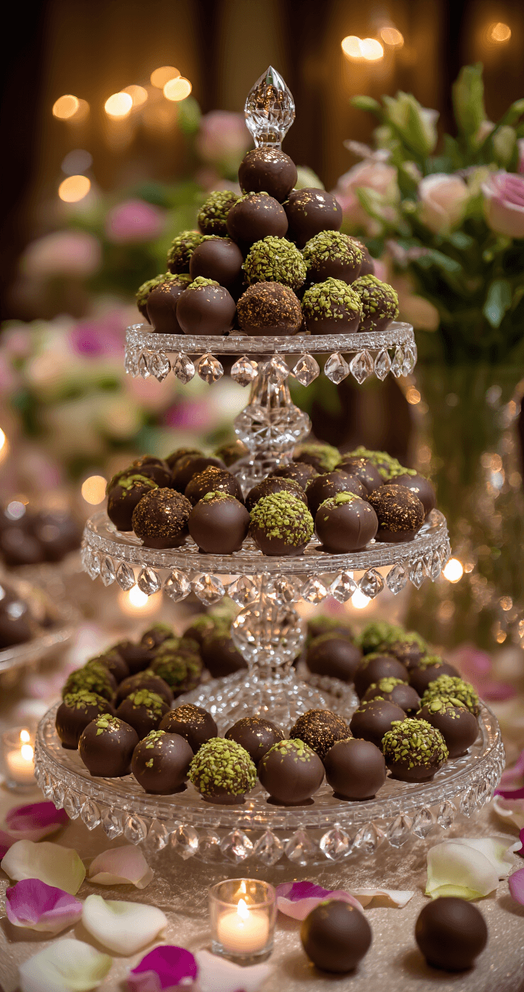 An elegant wedding dessert table displaying spherical chocolate truffles on tiered crystal stands, adorned with gold-flecked cocoa powder, crushed pistachios, and metallic finishes, accented by rose petals and edible flowers under warm lighting.