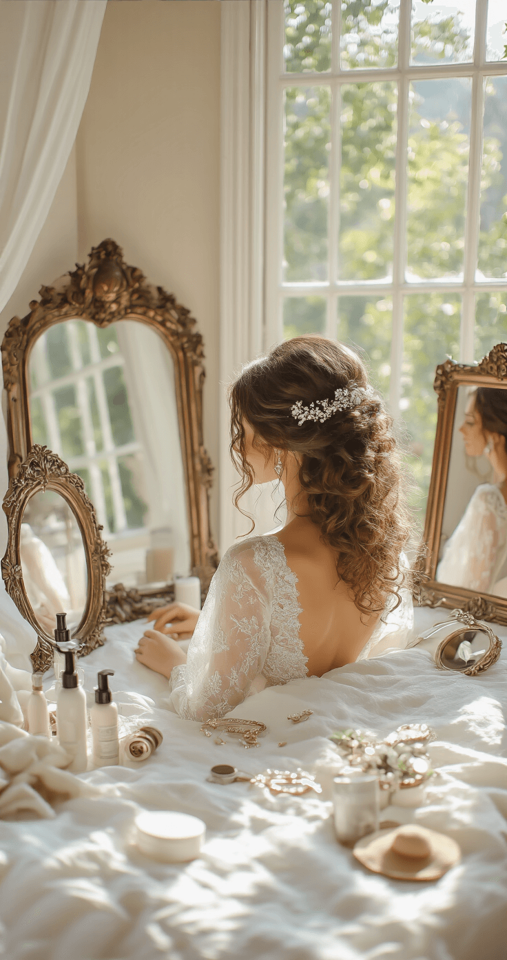 A bride in a sunny villa bedroom sits among hairstyling products, her natural curls being styled with crystal-embellished accessories, while antique mirrors reflect the soft morning light.