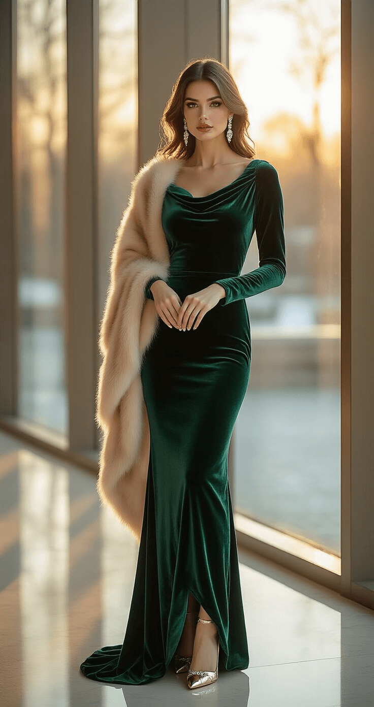 A woman in an emerald green velvet dress poses elegantly in a luxurious hotel lobby during golden hour, showcasing her long sleeves and cowl neckline. She wears crystal drop earrings and metallic gold stilettos, with a champagne-colored faux fur wrap draped over her shoulders, all illuminated by soft winter sunlight filtering through floor-to-ceiling windows.