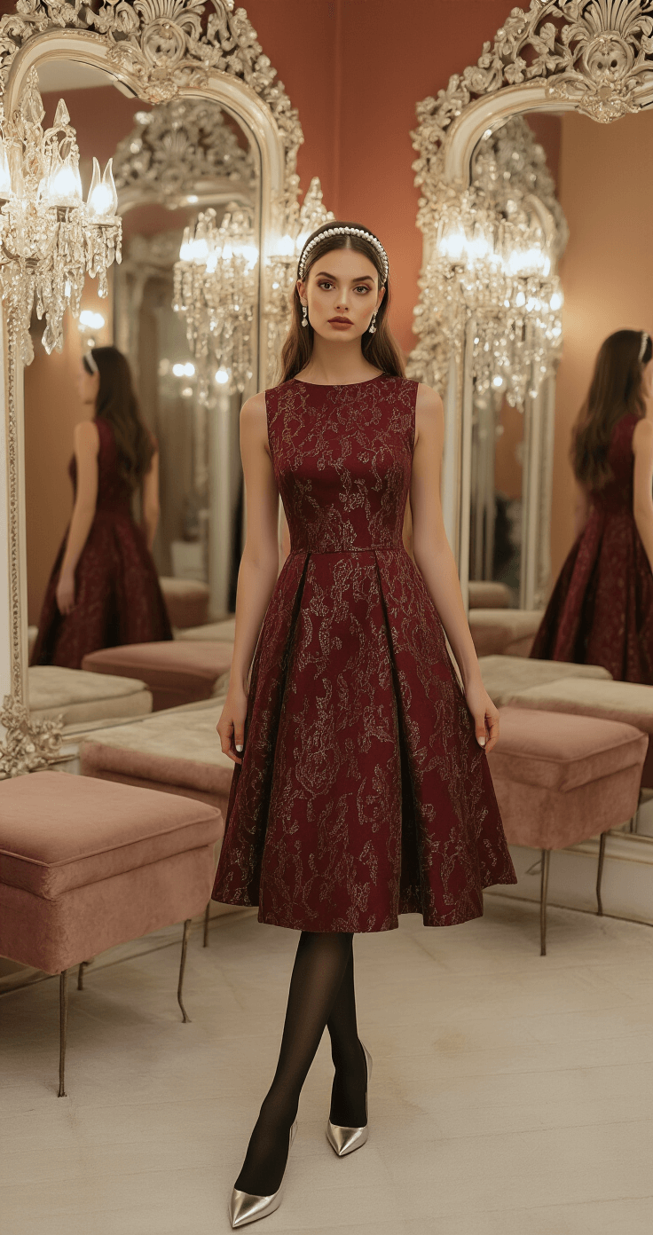 A model showcasing a burgundy jacquard midi dress with metallic threading in an intimate boutique dressing room, surrounded by ornate mirrors and plush seating, illuminated by warm ambient lighting.