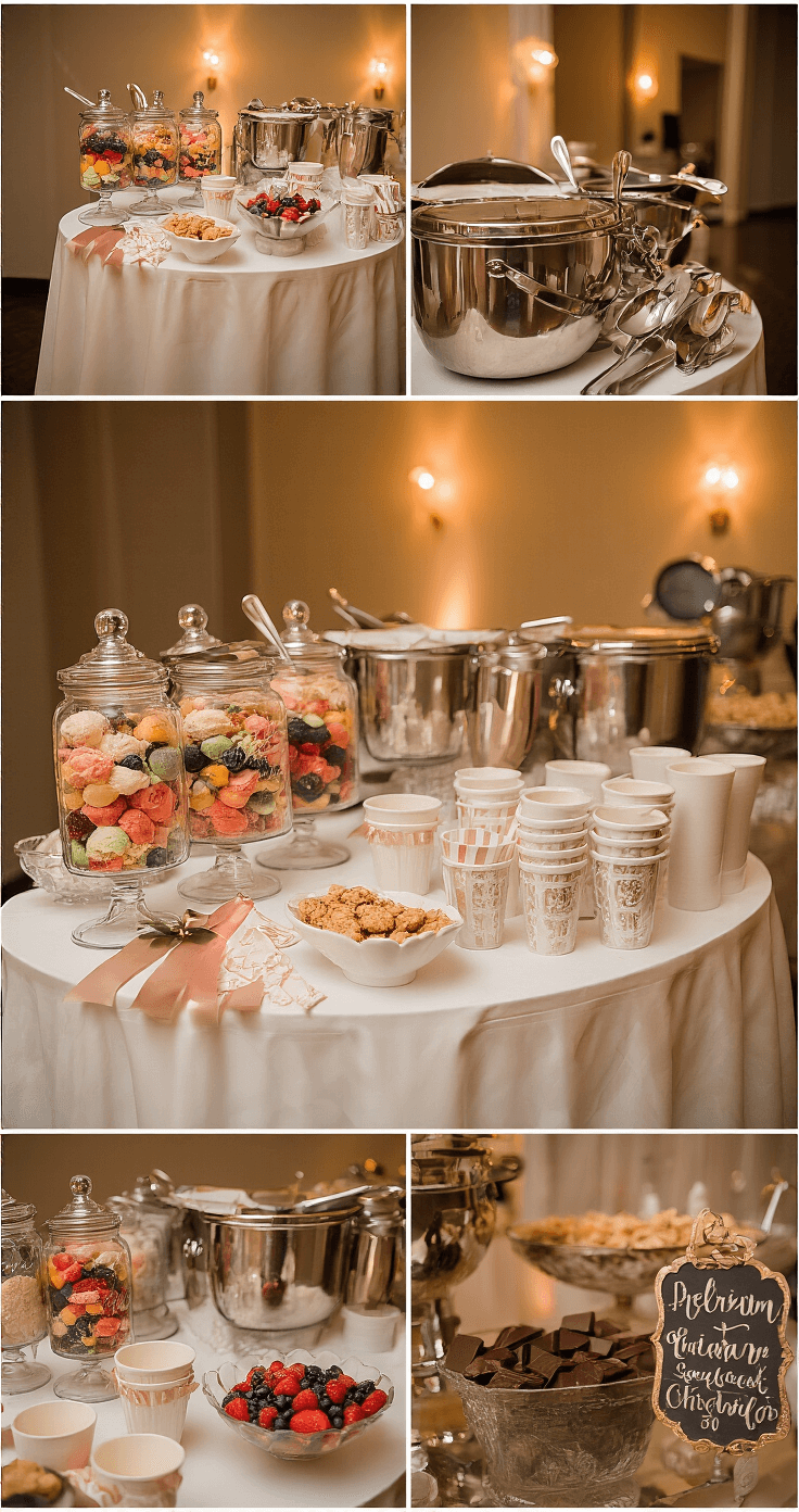 A beautifully arranged wedding dessert station with a draped table featuring mason jars of toppings, stainless steel ice cream scoops, and crystal ice buckets of ice cream, all highlighted by warm ambient lighting.