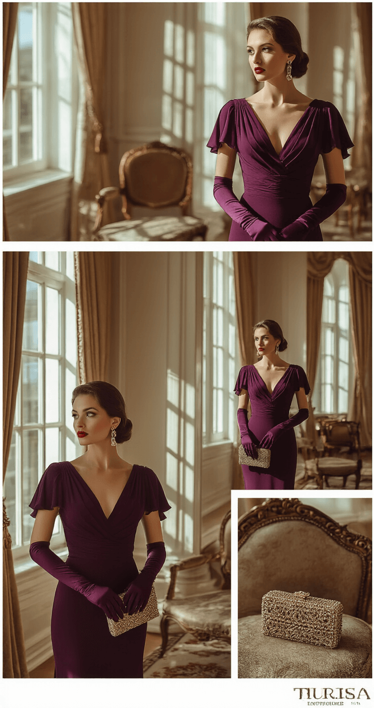 A vintage-inspired hotel suite featuring antique furniture, with a woman in a deep plum crepe dress, draped bodice, and flutter sleeves, accessorized with opera-length satin gloves, art deco earrings, and a beaded clutch. Soft window light casts dramatic shadows, captured in a wide-angle composition that showcases her full outfit and the luxurious environment.