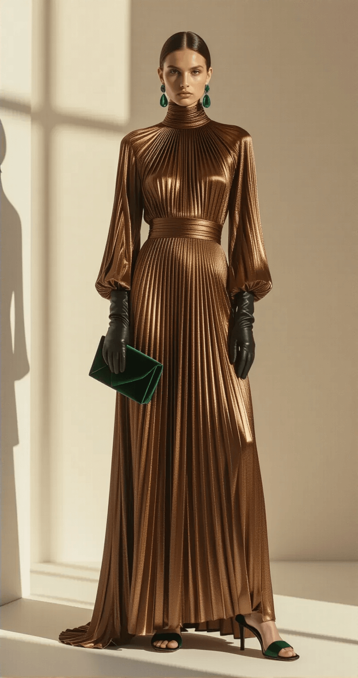 A model stands in a contemporary art gallery wearing a metallic bronze pleated gown with high neck and long sleeves, accessorized with black leather gloves and emerald drop earrings. She holds a geometric clutch and wears velvet platform sandals, all captured with dramatic side lighting to highlight the fabric texture.