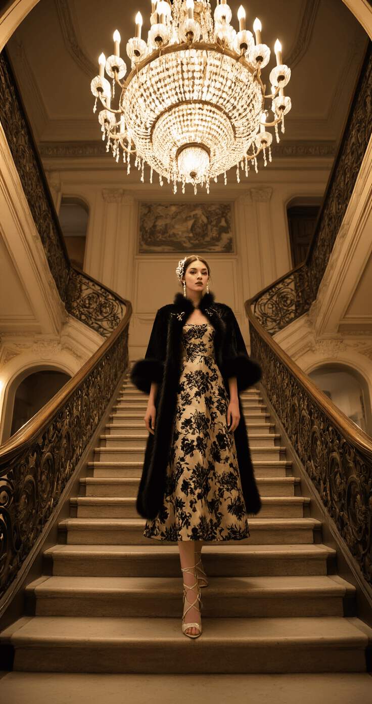 A woman in a black and champagne floral jacquard midi dress with a fur-trimmed cape descends a grand historic mansion staircase, accented by ornate railings and illuminated by a dramatic chandelier overhead.