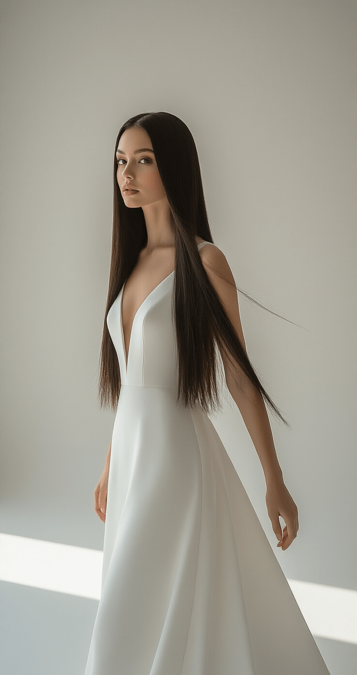 A model in a minimalist white studio wears a modern wedding dress, showcasing glossy, pin-straight hair with a mirror-like shine, illuminated by soft natural light and strategic backlighting for a halo effect.