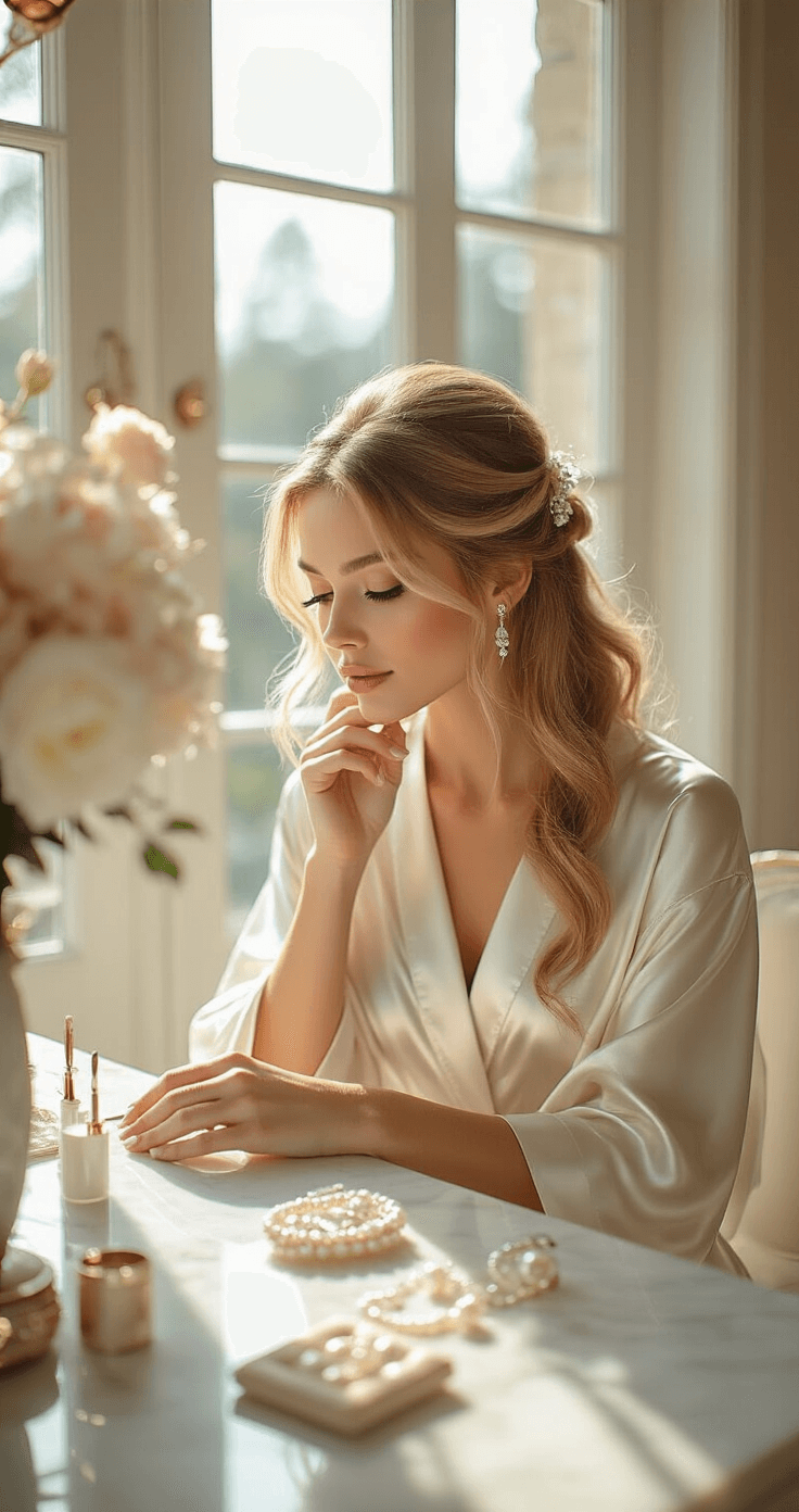 Bride in silk robe at elegant white vanity, weaving hair with vintage pearl pins in sunlit bridal suite, intimate close-up highlighting hair texture and bridal accessories.