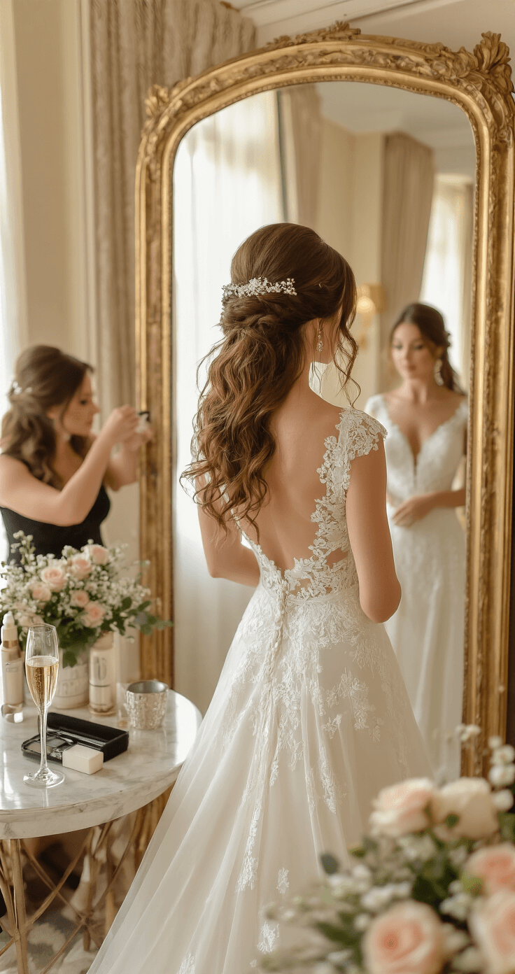 Bride in an ivory lace wedding gown stands before a mirror in a luxurious hotel room, bathed in golden hour light. A stylist weaves fresh garden roses and baby's breath into her half-up hairstyle, with scattered styling products and a champagne flute visible on a nearby table.
