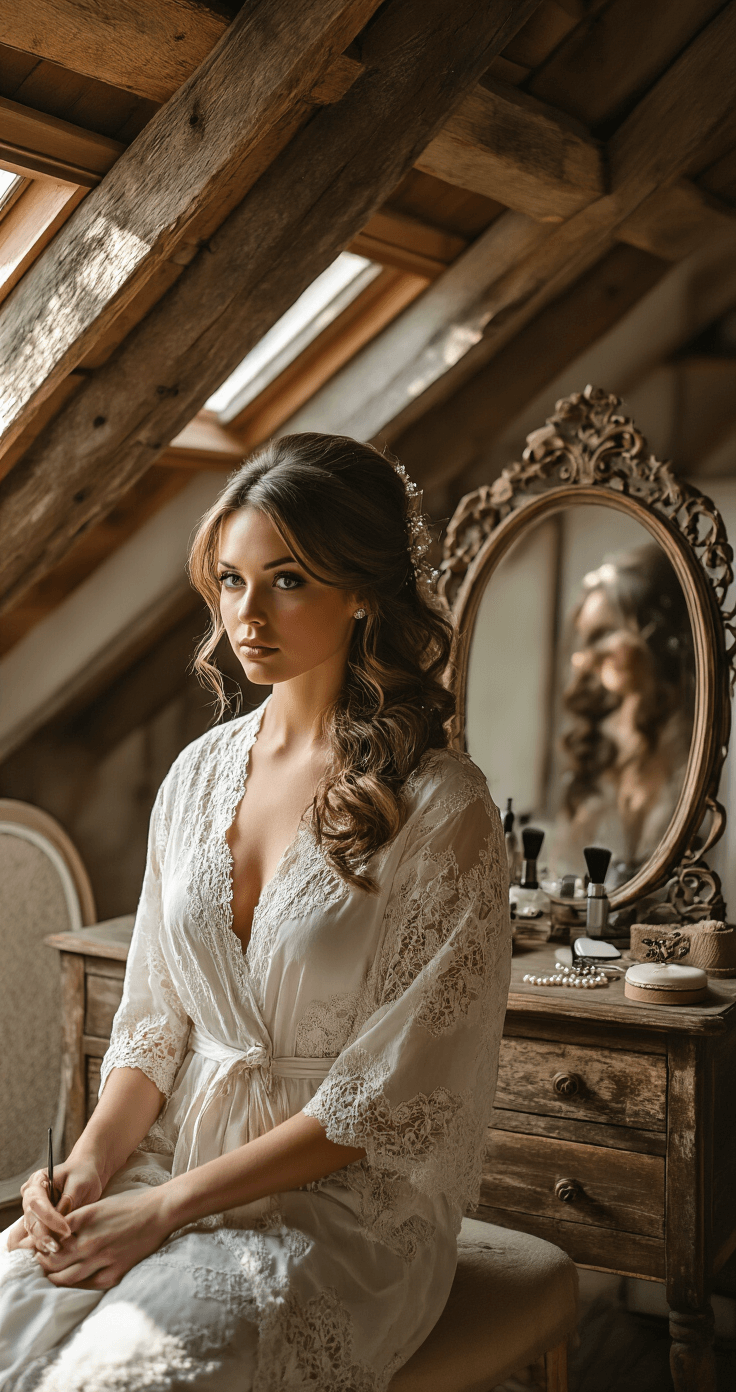 A bride in a vintage-inspired lace robe has classic waves styled in a rustic cottage getting-ready room, illuminated by early morning light casting dramatic shadows. Hair tools, pearl pins, and an antique mirror are displayed on a weathered wooden dresser, with a focus on intricate hair styling techniques.