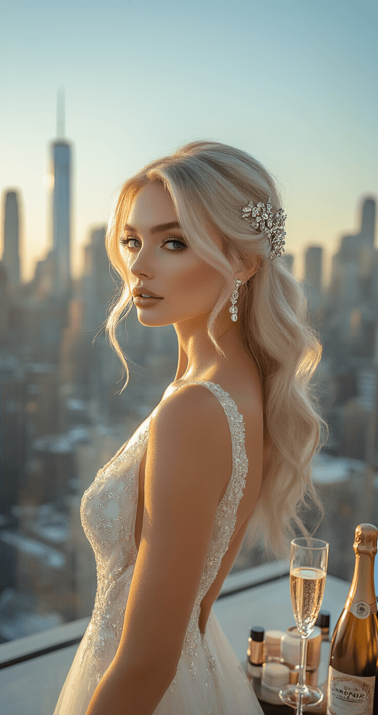 A fashion-forward bride with platinum blonde hair styled in a sophisticated half-up twist, highlighted by warm late afternoon sunlight and crystal hair accessories, stands in a contemporary penthouse suite with a city skyline backdrop, surrounded by luxury beauty products and a champagne setup, captured in an editorial-style composition.