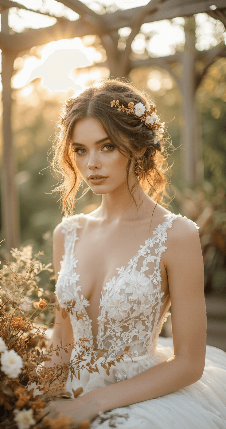 Close-up of a bohemian bride with caramel-colored hair adorned with fresh flowers and golden leaves, surrounded by natural styling products and dried flowers, captured in a garden pavilion during magic hour.