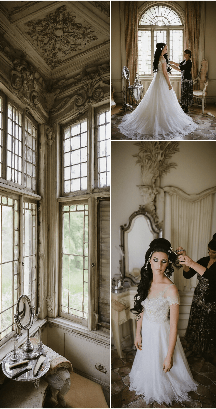 Bride with raven-black hair styled in classic Hollywood waves, surrounded by ornate architectural details of a historic mansion's bridal suite. Mid-morning light filters through vintage windows, highlighting the intricate pinning technique adorned with pearl and crystal accessories. Antique silver brushes and mirrors add an elegant touch to the scene.