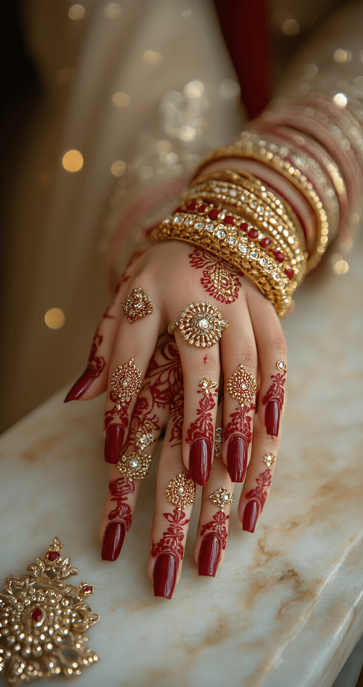A close-up of a bride-to-be's hands on a marble counter, showcasing intricate red and gold mandala nail art. Her deep crimson nails shine with metallic gold patterns, complemented by traditional bangles and an engagement ring. The soft morning light and sheer curtains create a warm, inviting atmosphere with a blurred background.