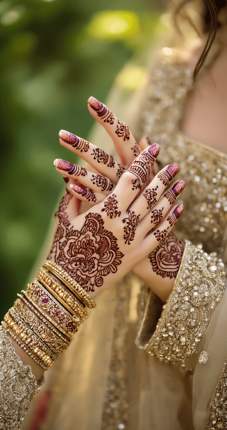 Aerial view of a bride's delicately held dupatta in a lush garden during golden hour, showcasing rich burgundy and copper mehndi-inspired nail art with intricate paisley patterns, as natural sunlight highlights the textures and metallic accents.
