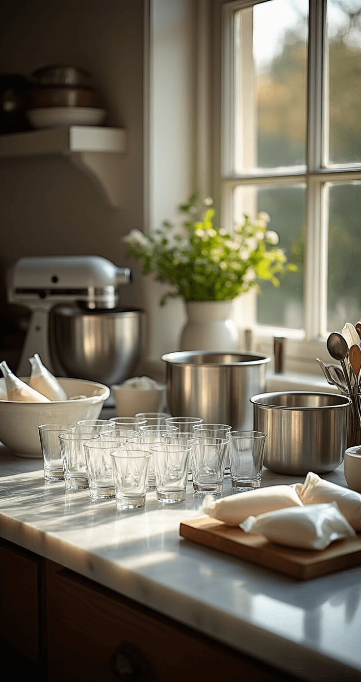 A well-lit kitchen workspace with neatly arranged shot glasses on a marble countertop, surrounded by professional piping bags and mixing tools, illuminated by natural light.