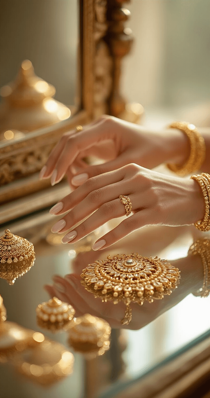 Bridal preparation room filled with morning light, showcasing hands delicately arranging traditional Indian jewelry on a mirrored vanity, with minimalist gold leaf accents on nails and golden accessories reflecting in the natural window light.