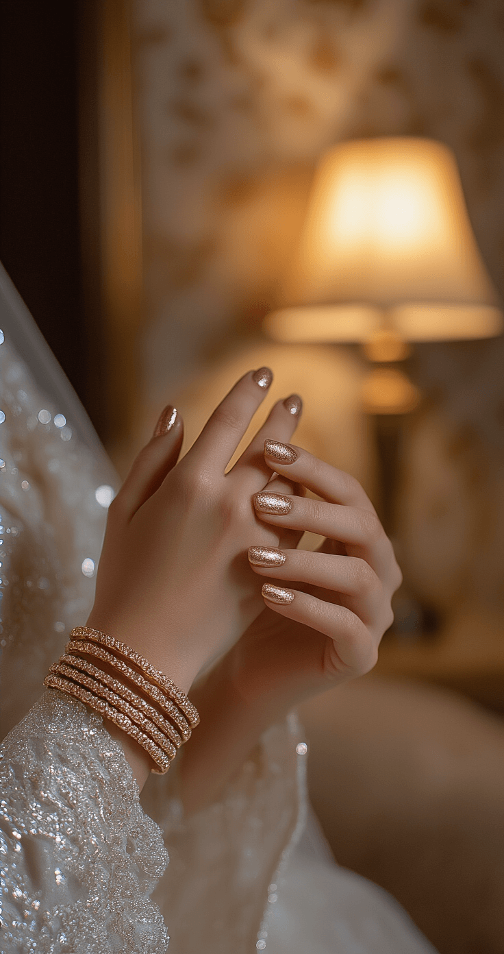 A bride's hands delicately adjusting her bangles, showcasing gradient glitter nails in rose gold and champagne tones, against a luxurious hotel suite backdrop with soft lamp lighting and textured wallpaper.