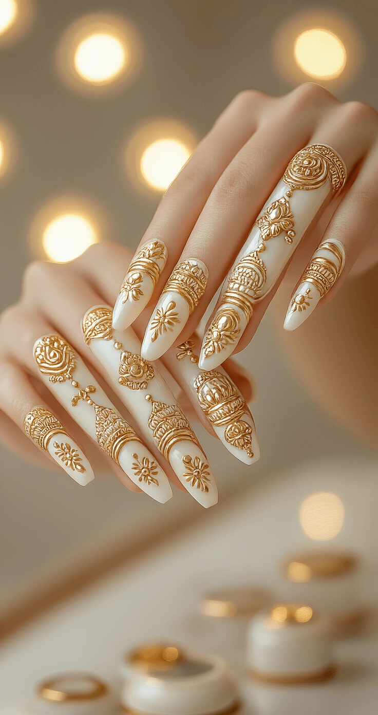 Contemporary nail salon featuring artistic lighting; close-up of hands showcasing innovative press-on nails with ivory and gold traditional Indian motifs, highlighting embossed patterns with professional beauty lighting in a clean, minimal composition.