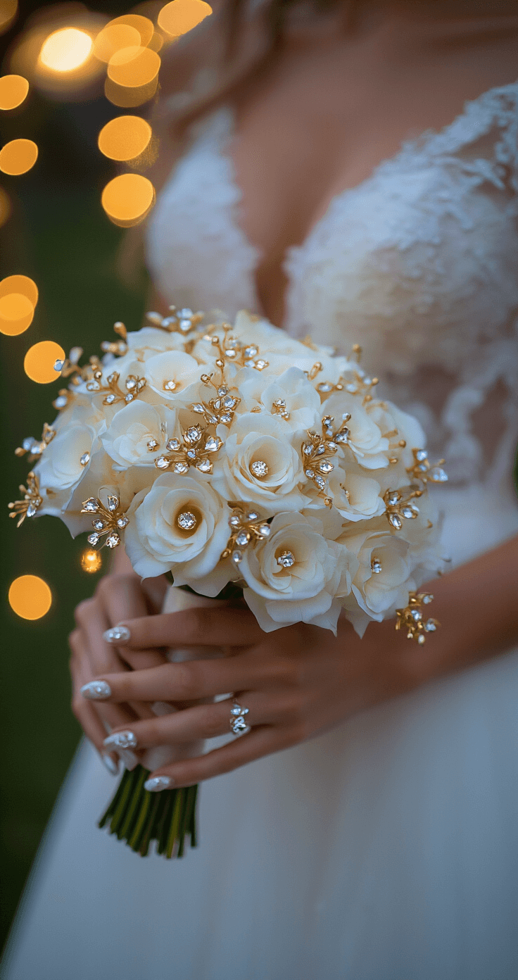 A close-up of a bride's hands holding a bridal bouquet in a romantic outdoor setting during blue hour, featuring elegant negative space nail art with gold foiling and crystal accents, surrounded by a dreamy blur of fairy lights in the background.