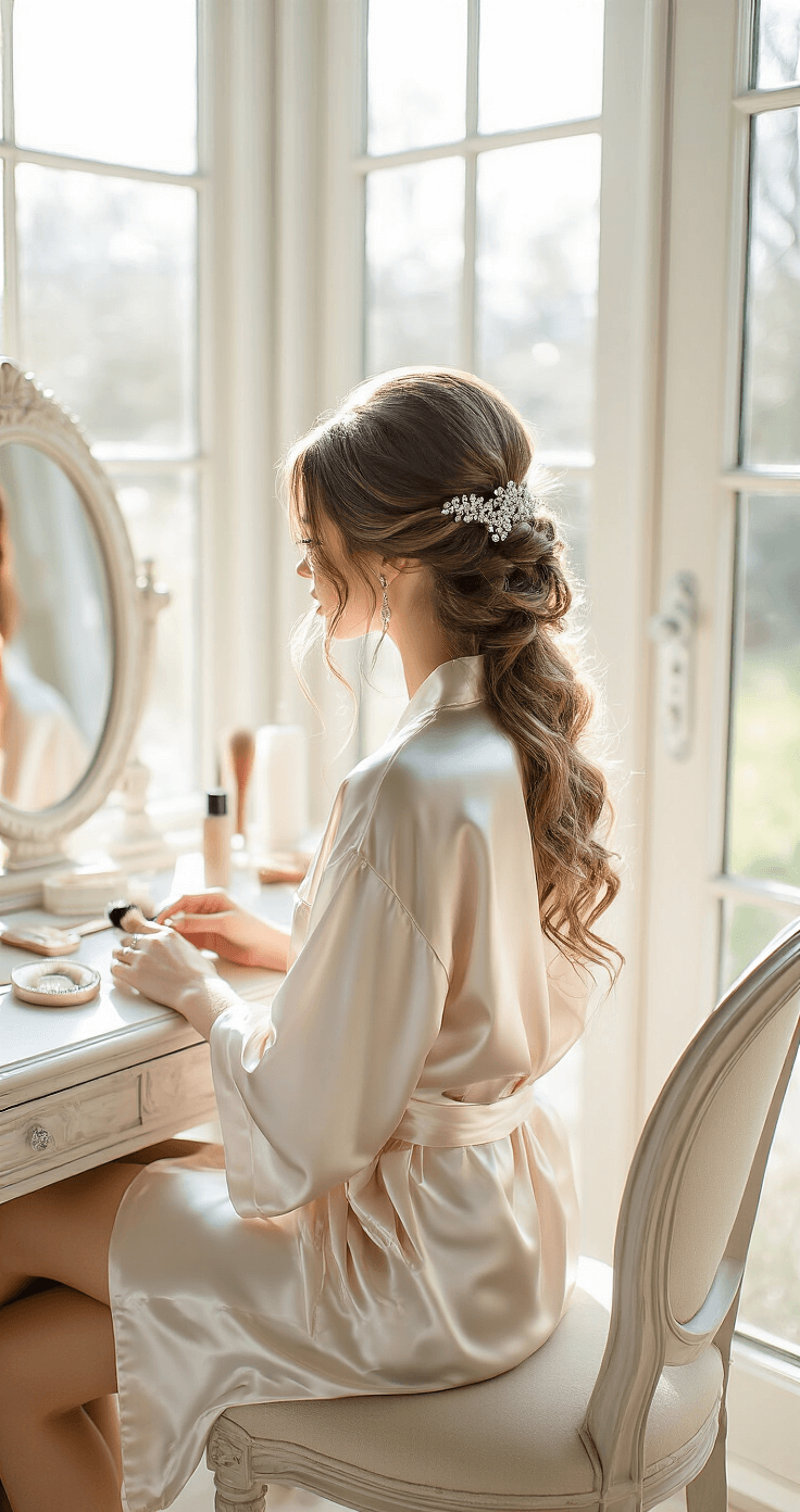 A bride in a silk robe sits at an elegant vanity in a sunlit bridal suite, with floor-to-ceiling windows. She is having her romantic soft waves updo styled, surrounded by crystal-handled brushes and pearl-adorned pins, as natural morning light creates an ethereal glow on her hair.