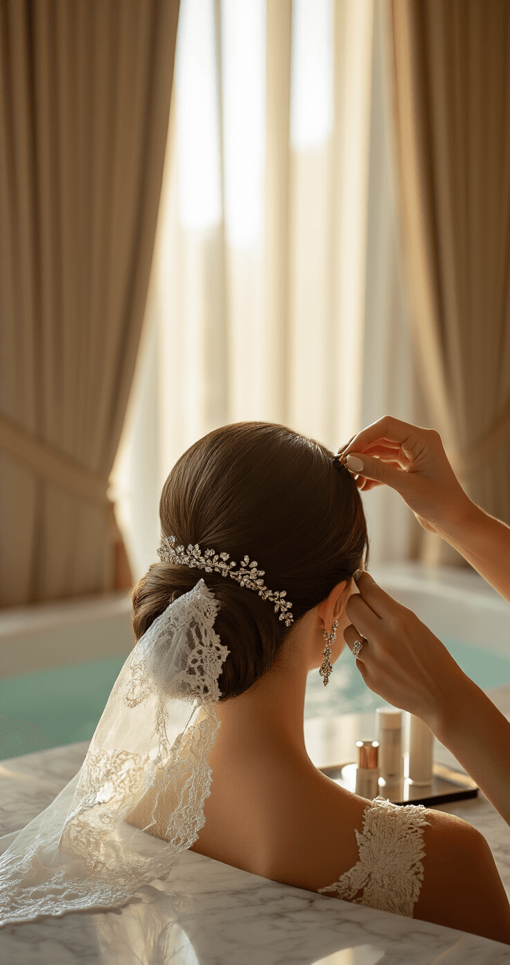 Intimate close-up of a marble bathroom in a luxury hotel, featuring a classic low chignon being secured with decorative pins, illuminated by golden afternoon light filtering through sheer curtains, alongside diamond drop earrings and a lace-trimmed veil on a mirrored tray with styling tools.