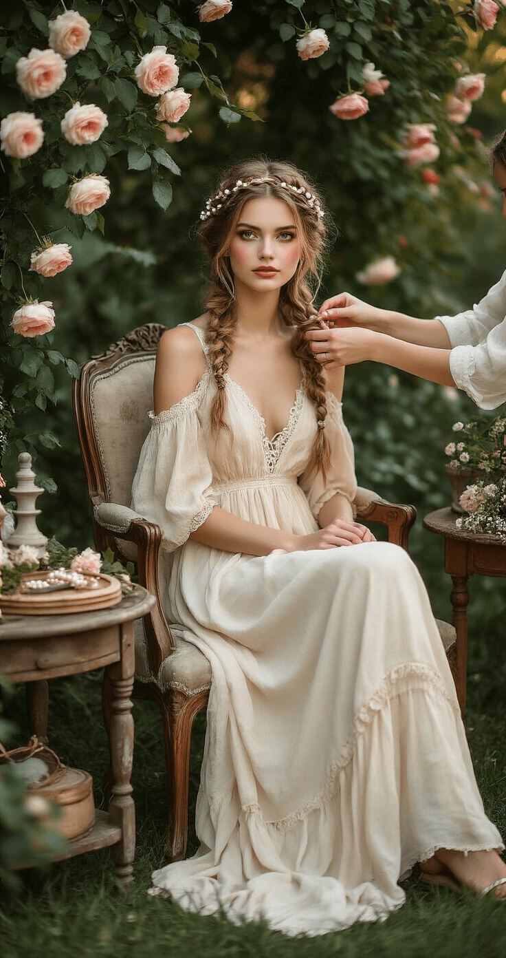 A model in a flowing cream dress sits in a vintage chair amidst a bohemian garden filled with climbing roses. Her braided crown updo, adorned with fresh flowers and pearl pins, is being styled under soft dusk lighting that highlights the intricate braiding. Authentic styling tools and products are neatly arranged on a rustic wooden side table nearby.