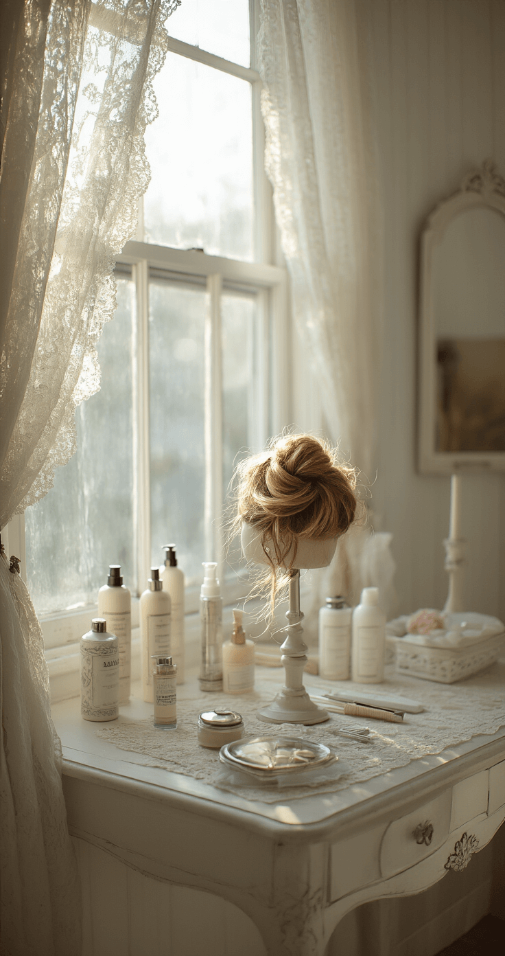 Close-up of a textured messy bun being styled in a bright, airy preparation space with vintage details, featuring professional lighting that highlights the shine of hair products, surrounded by elegant tools and crystal hairpins on a French provincial vanity.