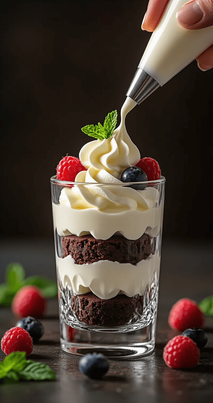 Extreme close-up of a shot glass being filled with distinct layers of dessert, showcasing a hand piping white mascarpone cream over a dark chocolate cookie base, with fresh berries and mint leaves nearby for garnishing.