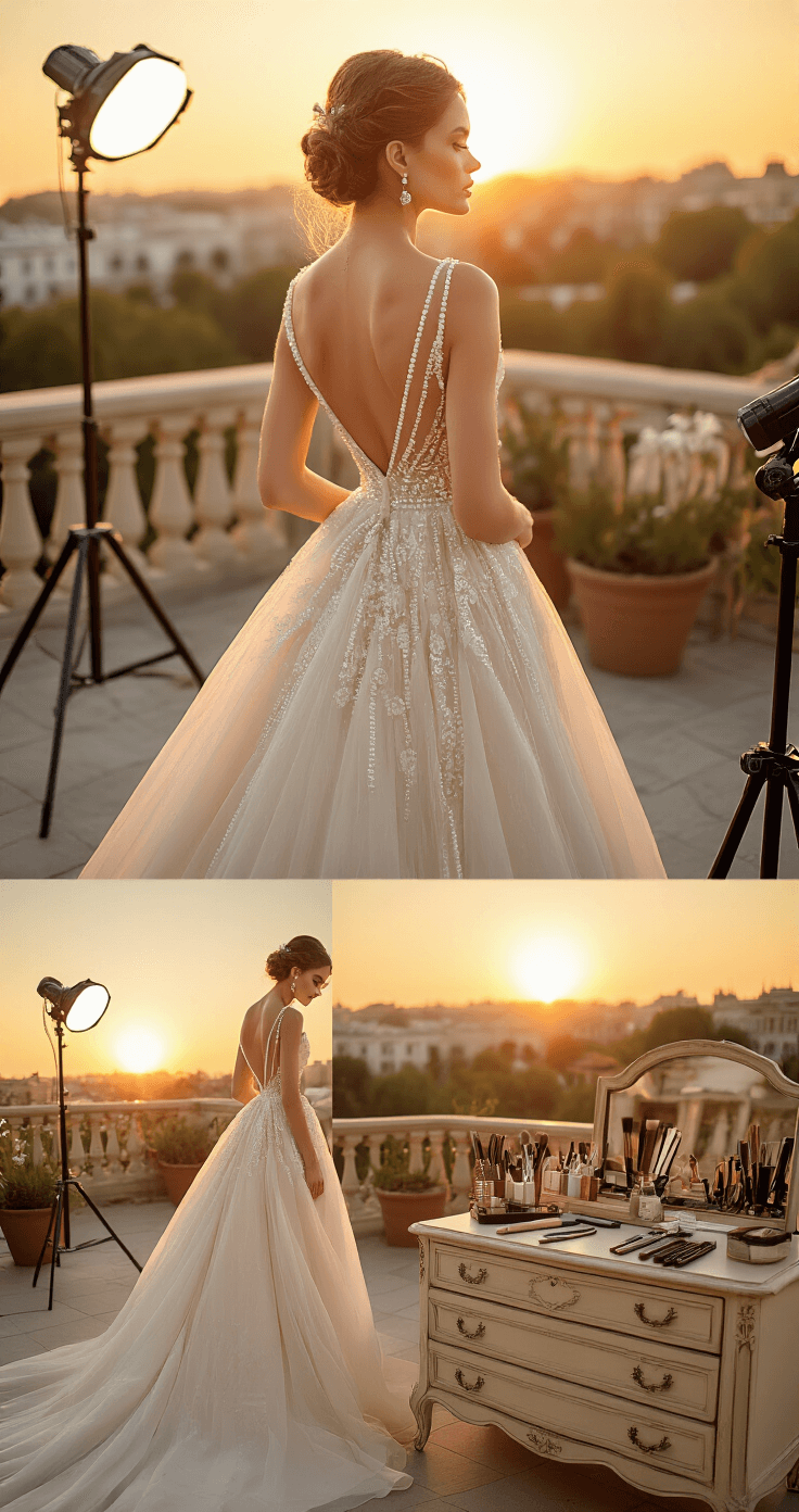 A model in a pearl-embellished gown poses on a romantic outdoor terrace during golden hour, showcasing her intricately styled updo from various angles, with warm sunset light highlighting its details. Reflective surfaces reveal professional lighting equipment, while a vintage dresser displays premium styling tools and products, creating a behind-the-scenes editorial atmosphere.
