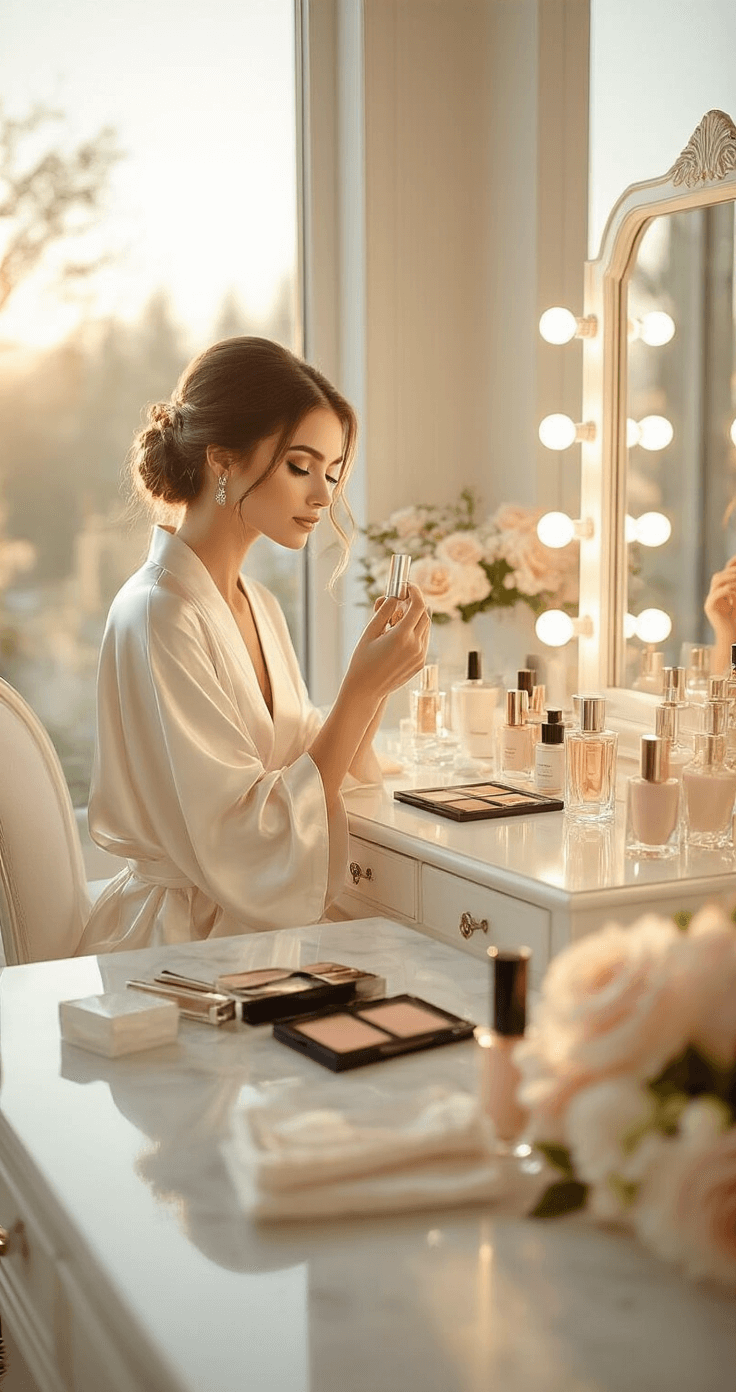 A serene bride in an ivory silk robe applies primer at an elegant white vanity, surrounded by professional lighting, crystal perfume bottles, and premium makeup products. The modern marble countertops display organized luxury makeup brushes and a blush-toned flower arrangement, while natural light streams through floor-to-ceiling windows, illuminating her dewy skin and soft tulle wedding dress visible in the background.
