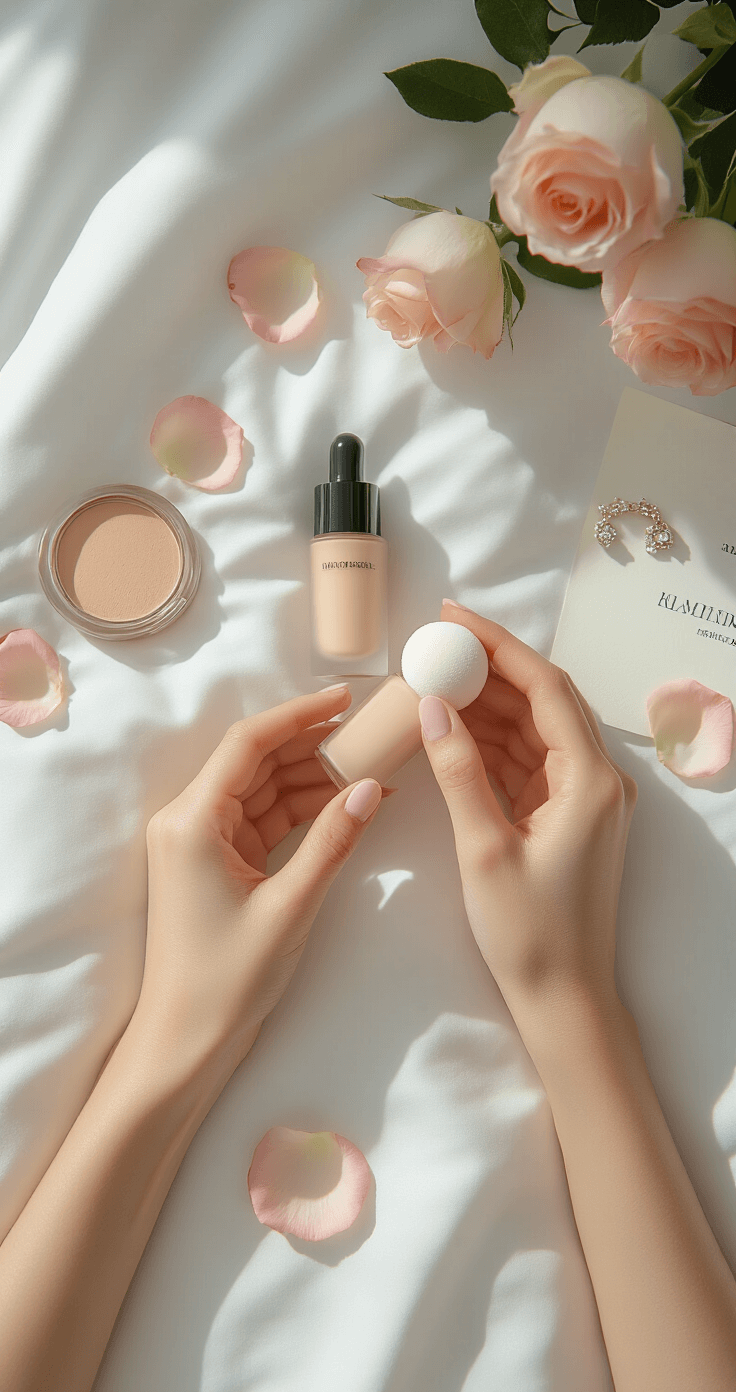 A close-up view of hands applying foundation with a damp beauty blender on white sheets, surrounded by a premium foundation bottle, setting spray, and primer, with rose petals, a wedding invitation suite, and delicate jewelry softly blurred in the background.