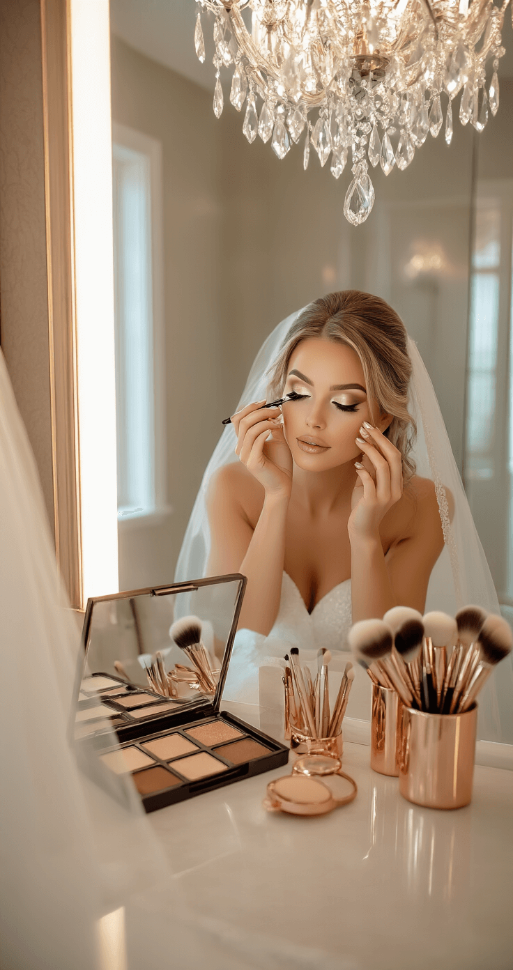 A bride applies eye makeup in a sophisticated mid-morning bathroom, illuminated by a crystal chandelier and backlit makeup mirror, showcasing a neutral eyeshadow palette and organized luxury brushes in rose gold holders, with her wedding veil nearby.
