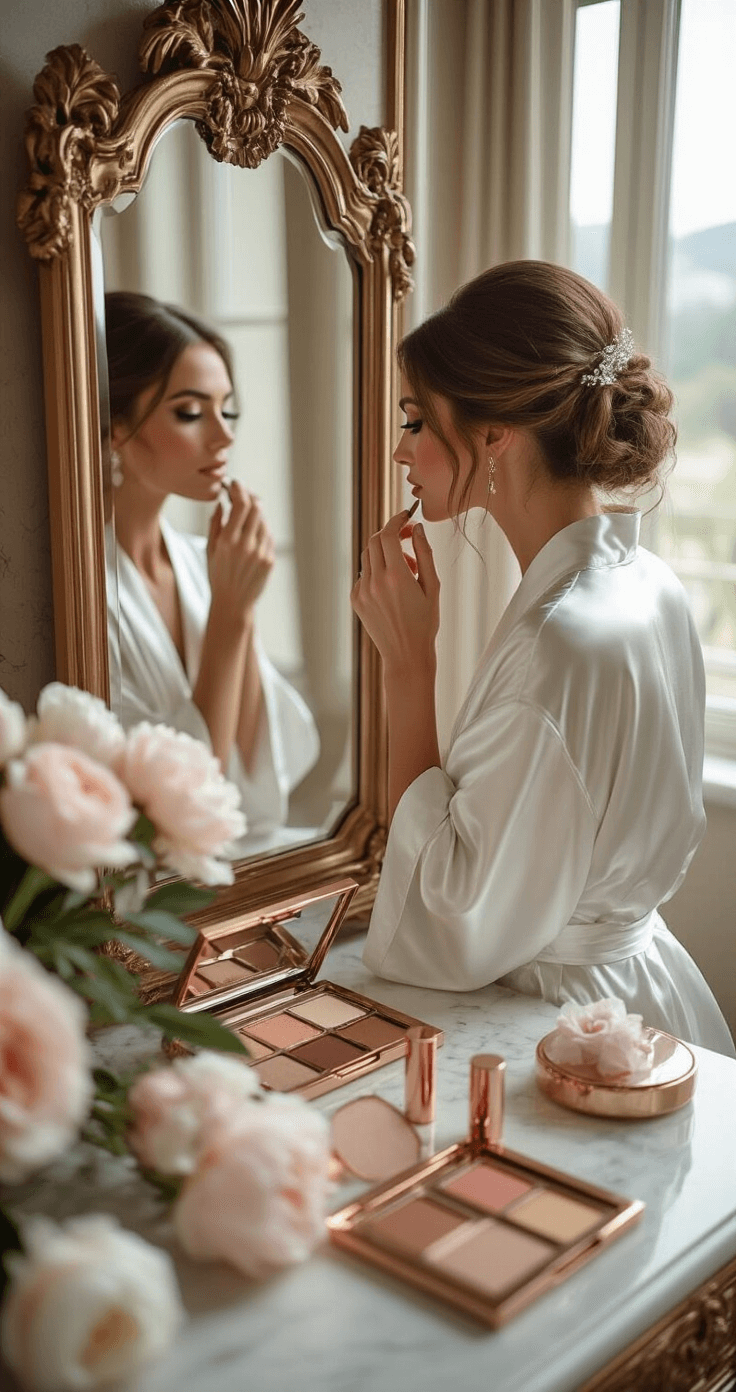 Bride in a silk robe applying makeup at a marble vanity adorned with rose gold beauty products, reflected in an ornate mirror, surrounded by fresh peonies and wedding details, illuminated by soft box and natural window light.