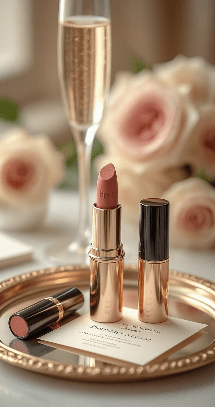 A macro shot of a bride applying neutral rose lipstick, showcasing perfectly lined lips. A premium lipstick tube and liner sit on a mirrored tray beside a champagne flute and an invitation suite, all illuminated by professional beauty lighting that highlights the texture and precision of the application.
