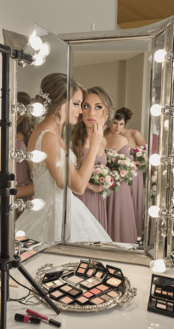A bride in a wedding gown checks her eye makeup in a tri-fold mirror, surrounded by luxury makeup products on a vintage silver tray, with bridesmaids' bouquets adding color in the background and professional lighting visible in the reflection.