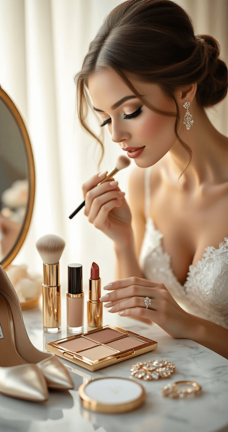 A bride in a modern prep room applies final touch-ups during golden hour, with a beautifully arranged emergency touch-up kit on a marble counter, featuring metallic lipstick, powder compact, and blotting papers. Wedding shoes and jewelry are visible in the background, while soft backlight filters through sheer curtains, capturing both the product details and the bride's expression from a side angle.