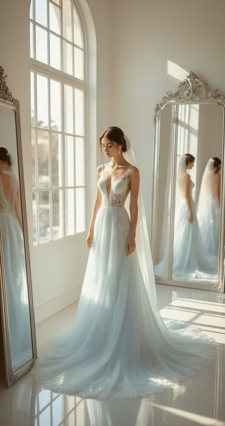 A bride-to-be tries on an ethereal ice-blue silk wedding gown with delicate beading in a minimalist bridal boutique during golden hour, surrounded by silver and crystal accessories, with sunlight streaming through large windows.