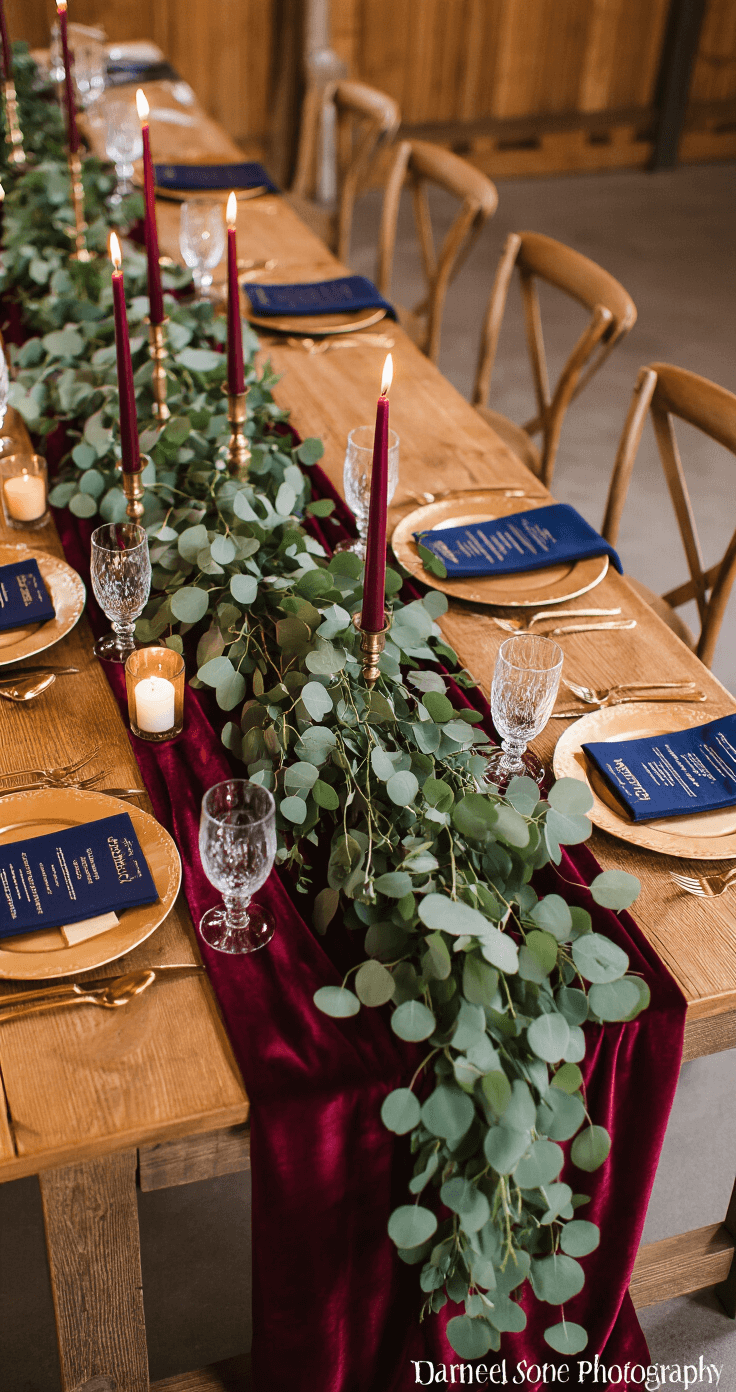 Cozy winter wedding reception in a rustic barn, featuring burgundy velvet tablecloths, emerald eucalyptus garlands, vintage brass candlesticks, wine-colored candles, gold chargers, crystal glasses, and navy ribbons, captured from above at dusk.