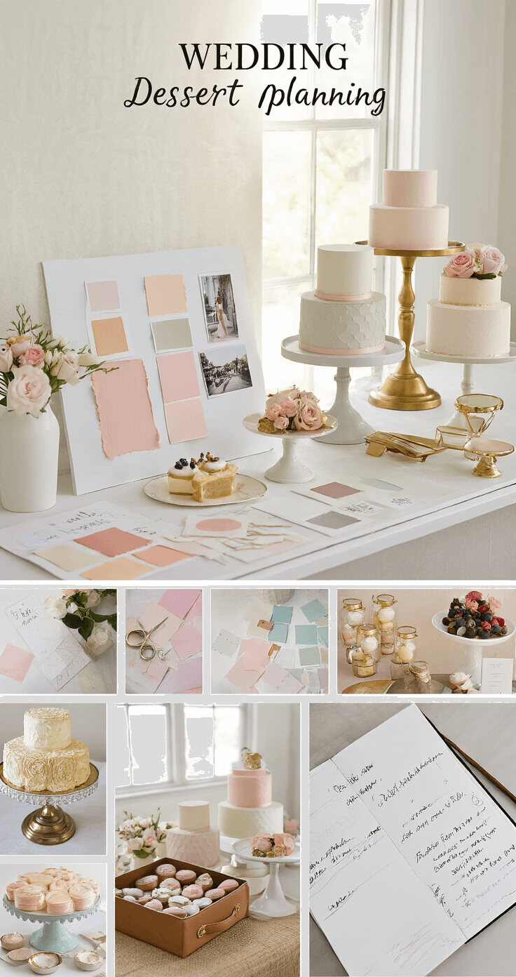 A sunlit wedding planning workspace featuring elegant mood boards with pastel color swatches, photos of dessert displays, and a measured pristine white tablecloth. Varied-height cake stands are arranged, with gold-rimmed display jars reflecting natural light, and an open leather-bound notebook filled with handwritten notes and sketches.