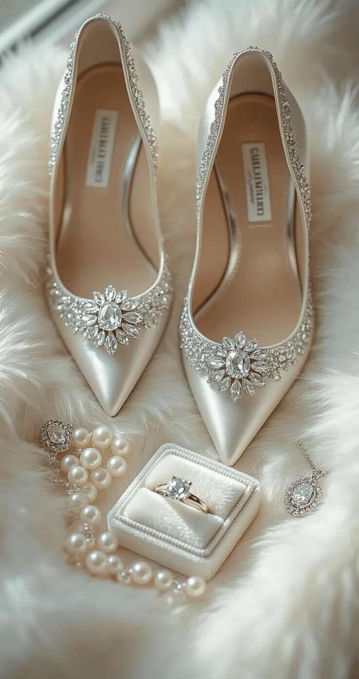 Detail shot of winter bride's accessories on white faux fur, featuring crystal-encrusted silver pumps, pearl drop earrings, vintage silver locket, and a white velvet ring box with a platinum engagement ring, illuminated by soft natural window light.