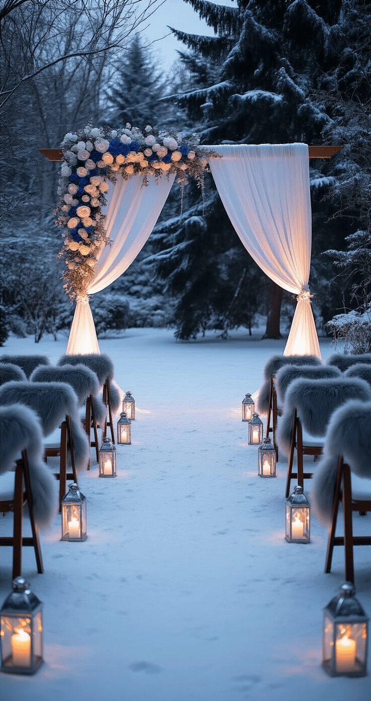 Twilight outdoor ceremony space in a snow-covered garden with rows of ghost chairs draped in grey faux fur throws, leading to a modern geometric arch adorned with white silk and ice blue roses, illuminated by sterling silver lanterns reflecting warm light off the snow.