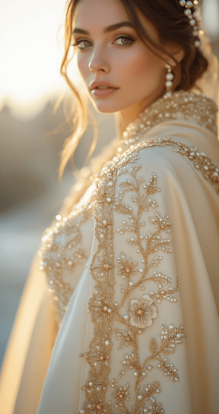 Close-up of a winter bride's layered look featuring an ivory crepe gown and a champagne silk cape with gold embroidery, illuminated by the late afternoon sun. Pearl-studded hair accessories are softly blurred in the background.