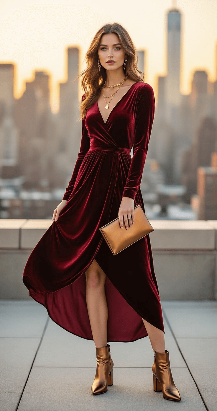 A woman in a flowing burgundy velvet midi dress stands on an urban rooftop at golden hour, styled with bronze metallic block heel ankle boots, layered gold necklaces, and a structured bronze clutch, with the city skyline in the background and soft golden light highlighting the fabric's texture.