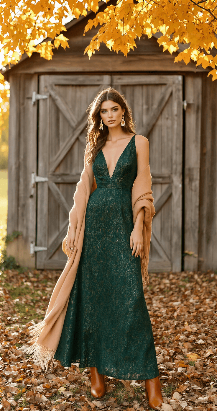 A model in a deep emerald jacquard maxi dress with metallic threading and cognac leather ankle boots stands in front of a rustic barn, wearing a light camel cashmere wrap and vintage gold earrings. The scene is illuminated by late afternoon light filtering through autumn trees, with scattered fallen leaves on the ground.