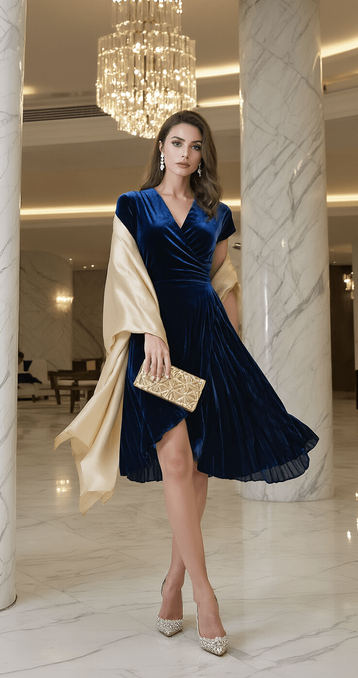 A low-angle view of a modern hotel lobby showcasing marble floors and dramatic lighting, featuring a subject in a navy velvet wrap dress with pleat details, crystal-embellished pumps, and pearl drop earrings, draped with a champagne silk shawl and holding a geometric brass clutch, highlighting the contrast between cool interior lights and the warm fabric of the dress.