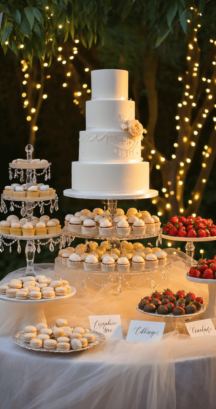 A beautifully arranged wedding dessert table with a three-tiered white wedding cake at the center, surrounded by artisanal desserts on crystal cake stands and vintage platters, all illuminated by warm evening light and twinkling fairy lights.
